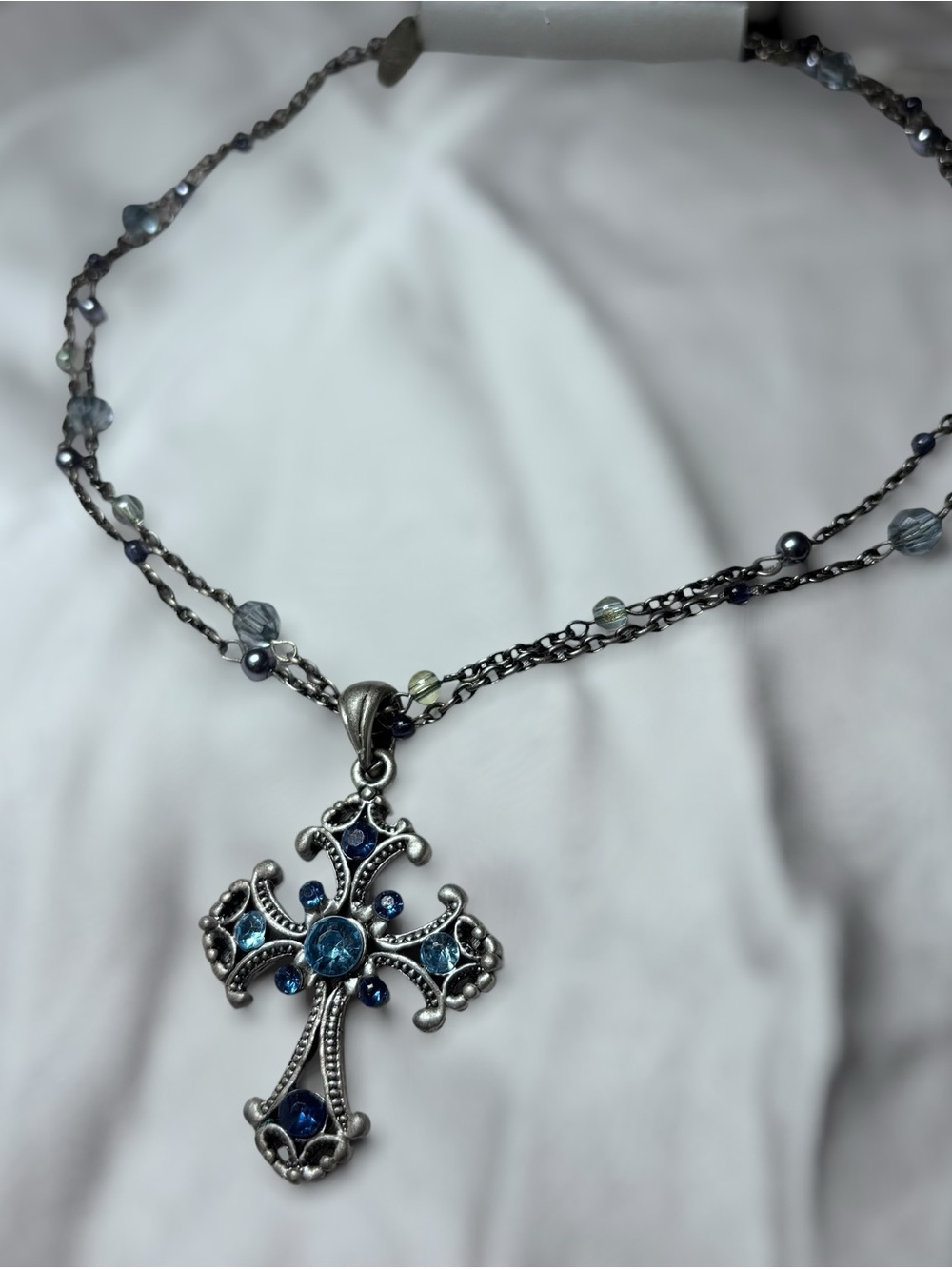 Vintage Blue Gem Cross Pendant Necklace - Women Jewelry